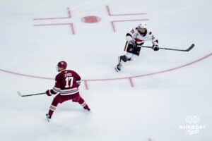 Omaha Maverick Aidan de La Gorgendiere moves to get open against the UMass Minutemen during a hockey match at Baxter Arena on October 24th, 2025, in Omaha, Nebraska. Photo by Collin Stilen.