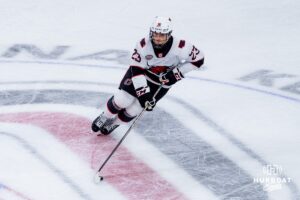 Omaha Maverick Maxime Pellerin moves the puck up the ice against the UMass Minutemen during a hockey match at Baxter Arena on October 24th, 2025, in Omaha, Nebraska. Photo by Collin Stilen.