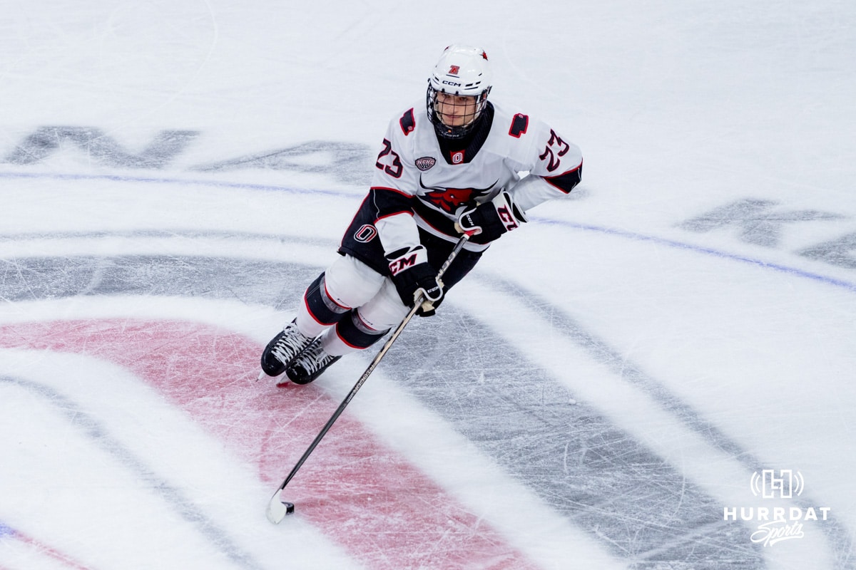 Omaha Maverick Maxime Pellerin moves the puck up the ice against the UMass Minutemen during a hockey match at Baxter Arena on October 24th, 2025, in Omaha, Nebraska. Photo by Collin Stilen.
