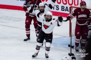 Omaha Maverick Tyler Rollwagen celebrates his goal against the UMass Minutemen during a hockey match at Baxter Arena on October 24th, 2025, in Omaha, Nebraska. Photo by Collin Stilen.