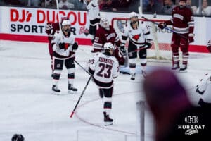 Omaha Maverick Maxime Pellerin celebrates his goal against the UMass Minutemen during a hockey match at Baxter Arena on October 24th, 2025, in Omaha, Nebraska. Photo by Collin Stilen.