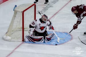 Omaha Maverick Simon Latkoczy makes another save during a hockey match at Baxter Arena against the UMass Minutemen on October 24th, 2025, in Omaha, Nebraska. Photo by Collin Stilen.