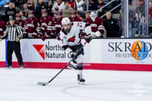 Omaha Maverick Joel Plante takes a shot during a hockey match at Baxter Arena against the UMass Minutemen on October 24th, 2025, in Omaha, Nebraska. Photo by Collin Stilen.
