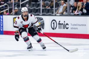 Omaha Maverick Jacob Slipec during a hockey match at Baxter Arena against the UMass Minutemen on October 24th, 2025, in Omaha, Nebraska. Photo by Collin Stilen.