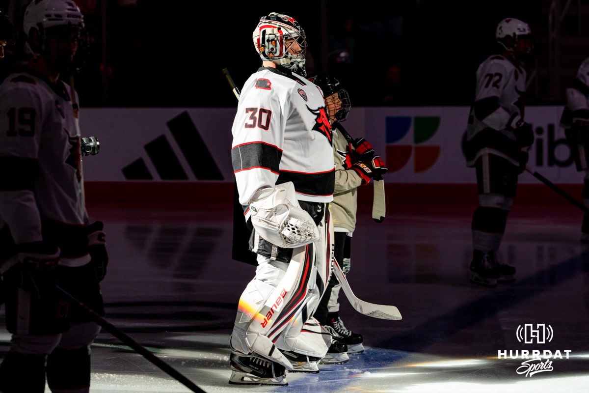Omaha Maverick Simon Latkoczy in pregame lineups during a hockey match against the UMass Minutemen at Baxter Arena on October 24th, 2025, in Omaha, Nebraska. Photo by Collin Stilen.