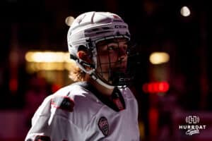 Omaha Maverick Marc Lajoie in lineups during a hockey match against the UMass Minutemen at Baxter Arena on October 24th, 2025, in Omaha, Nebraska. Photo by Collin Stilen.