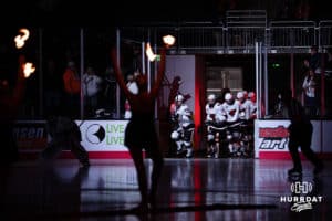 Omaha Mavericks enter the ice for lineups during a hockey match against UMass at Baxter Arena on October 24th, 2025, in Omaha, Nebraska. Photo by Collin Stilen.