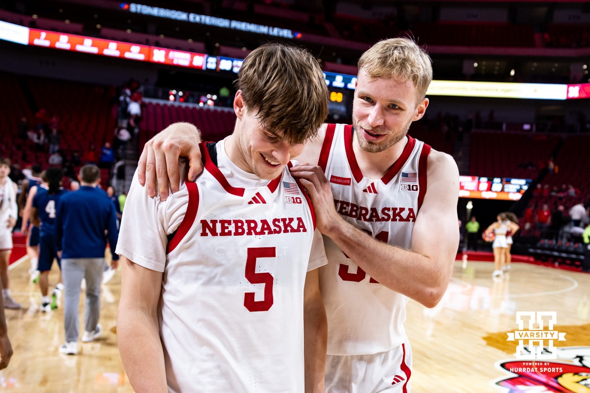 Nebraska Cornhusker Rienk Mast (51) and Braden Frager (5) walk off the court together after the win over the Midland Vikings during a college men’s basketball exhibition game on Monday, October 27, 2025, in Lincoln, Nebraska. Photo by John S. Peterson.