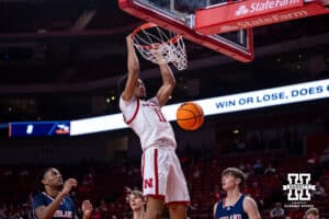 Nebraska Cornhusker Quentin Rhymes (11) makes a dunk against the Midland Vikings in the second half during a college men’s basketball exhibition game on Monday, October 27, 2025, in Lincoln, Nebraska. Photo by John S. Peterson.
