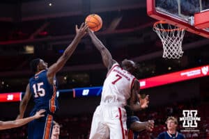Nebraska Cornhusker Justin Bolis (7) reaches for the rebound against Midland Viking forward Jeff Rozelle III (15) in the second half during a college men’s basketball exhibition game on Monday, October 27, 2025, in Lincoln, Nebraska. Photo by John S. Peterson.