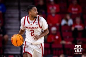 Nebraska Cornhusker Kendall Blue (2) dribbles the ball down the court against the Midland Vikings in the second half during a college men’s basketball exhibition game on Monday, October 27, 2025, in Lincoln, Nebraska. Photo by John S. Peterson.