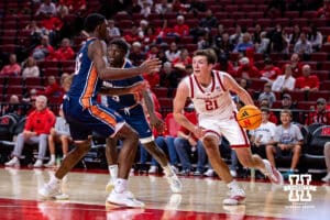 Nebraska Cornhusker Pryce Sandfort (21) drives to the lane against Midland Viking forward Jeff Rozelle III (15) in the second half during a college men’s basketball exhibition game on Monday, October 27, 2025, in Lincoln, Nebraska. Photo by John S. Peterson.