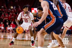 Nebraska Cornhusker Jamarques Lawrence (10) dribbles the ball against the Midland Vikings in the second half during a college men’s basketball exhibition game on Monday, October 27, 2025, in Lincoln, Nebraska. Photo by John S. Peterson.