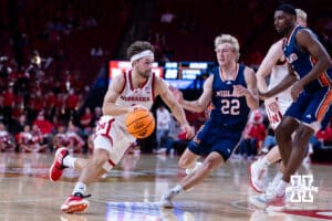 Nebraska Cornhusker Sam Hoiberg (1) drives to the basket against Midland Viking guard Jake Orr (22) in the second half during a college men’s basketball exhibition game on Monday, October 27, 2025, in Lincoln, Nebraska. Photo by John S. Peterson.