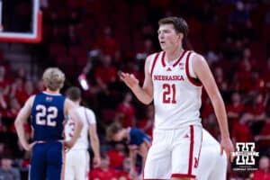 Nebraska Cornhusker Pryce Sandfort (21) looks the coaches against the Midland Vikings during a college men’s basketball exhibition game on Monday, October 27, 2025, in Lincoln, Nebraska. Photo by John S. Peterson.