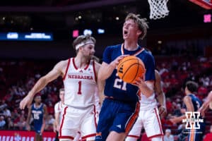 Midland Viking forward Nick Dolezal (21) reacts to being called for a foul against the Nebraska Cornhuskers in the first half during a college men’s basketball exhibition game on Monday, October 27, 2025, in Lincoln, Nebraska. Photo by John S. Peterson.