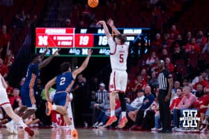 Nebraska Cornhusker Braden Frager (5) makes a three-point shot against the Midland Vikings in the first half during a college men’s basketball exhibition game on Monday, October 27, 2025, in Lincoln, Nebraska. Photo by John S. Peterson.