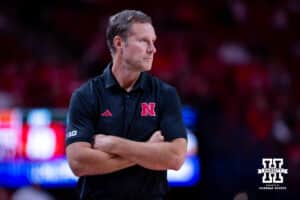Nebraska Cornhusker head coach Fred Hoiberg watches the action on the court against the Midland Vikings during a college men’s basketball exhibition game on Monday, October 27, 2025, in Lincoln, Nebraska. Photo by John S. Peterson.