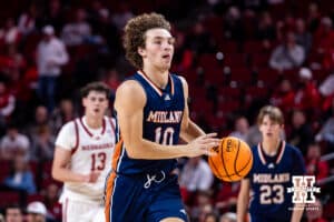 Midland Viking guard/forward Dylan Simons (10) dribbles the ball down the court against the Nebraska Cornhuskers in the first half during a college men’s basketball exhibition game on Monday, October 27, 2025, in Lincoln, Nebraska. Photo by John S. Peterson.