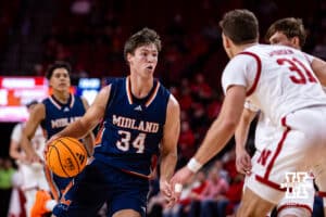 Midland Viking guard/forward Anthony Simon (34) drives to the basket against the Nebraska Cornhuskers in the first half during a college men’s basketball exhibition game on Monday, October 27, 2025, in Lincoln, Nebraska. Photo by John S. Peterson.