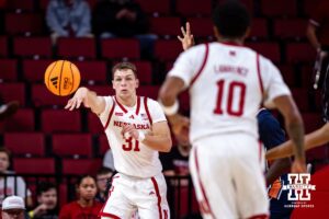 Nebraska Cornhusker Cale Jacobsen (31) passes the ball to Jamarques Lawrence (10) against the Midland Vikings in the first half during a college men’s basketball exhibition game on Monday, October 27, 2025, in Lincoln, Nebraska. Photo by John S. Peterson.