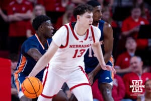 Nebraska Cornhusker Ugnius Jaruševičius (13) dribbles the ball against the Midland Vikings during a college men’s basketball exhibition game on Monday, October 27, 2025, in Lincoln, Nebraska. Photo by John S. Peterson.