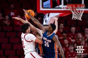Nebraska Cornhusker Berke Büyüktuncel (9) tries for a lay up agianst Midland Vikings forward Jeff Rozelle III (15) and forward Cole Petersen (30) in the first half during a college men’s basketball exhibition game on Monday, October 27, 2025, in Lincoln, Nebraska. Photo by John S. Peterson.