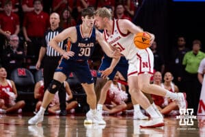 Nebraska Cornhusker Rienk Mast (51) dribble the ball against Midland Viking forward Cole Petersen (30) in the first half during a college men’s basketball exhibition game on Monday, October 27, 2025, in Lincoln, Nebraska. Photo by John S. Peterson.