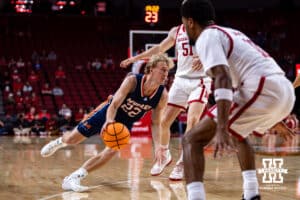 Midland Viking guard Jake Orr (22) drives to the basket against the Nebraska Cornhuskers in the first half during a college men’s basketball exhibition game on Monday, October 27, 2025, in Lincoln, Nebraska. Photo by John S. Peterson.