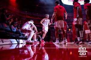 Nebraska Cornhusker Sam Hoiberg (1) is introduced to the fans before a college men’s basketball exhibition game against the Midland Vikings on Monday, October 27, 2025, in Lincoln, Nebraska. Photo by John S. Peterson.