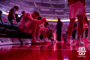 Nebraska Cornhusker Rienk Mast (51) is waiting for introductions a college men’s basketball exhibition game against the Midland Vikings on Monday, October 27, 2025, in Lincoln, Nebraska. Photo by John S. Peterson.