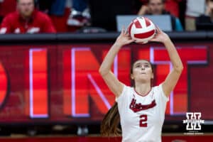 Nebraska Cornhusker setter Bergen Reilly (2) sets the ball against the Michigan State Spartans or set point in the second set during a college volleyball match on Saturday, October 25, 2025, in Lincoln, Nebraska. Photo by John S. Peterson.