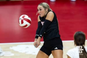 Nebraska Cornhusker libero Laney Choboy (6) passes the ball against the Michigan State Spartans in the second set during a college volleyball match on Saturday, October 25, 2025, in Lincoln, Nebraska. Photo by John S. Peterson.