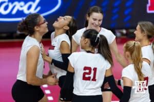 Nebraska Cornhusker outside hitter Harper Murray (27) celebrates Rebekah Allick's kill in the second set against the Michigan State Spartans during a college volleyball match on Saturday, October 25, 2025, in Lincoln, Nebraska. Photo by John S. Peterson.