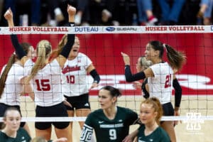 Nebraska Cornhusker outside hitter Skyler Pierce (21) celebrates a a point against the Michigan State Spartans in the second set during a college volleyball match on Saturday, October 25, 2025, in Lincoln, Nebraska. Photo by John S. Peterson.