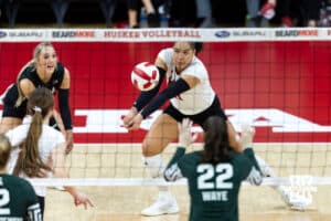 Nebraska Cornhusker outside hitter Teraya Sigler (11) makes a pass against the Michigan State Spartans in the first set during a college volleyball match on Saturday, October 25, 2025, in Lincoln, Nebraska. Photo by John S. Peterson.