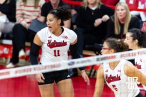 Nebraska Cornhusker outside hitter Teraya Sigler (11) calls for the ball against the Michigan State Spartans during a college volleyball match on Saturday, October 25, 2025, in Lincoln, Nebraska. Photo by John S. Peterson.