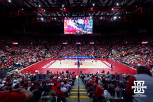 Nebraska Cornhuskers fans packed the house against the Michigan State Spartans during a college volleyball match on Saturday, October 25, 2025, in Lincoln, Nebraska. Photo by John S. Peterson.