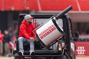 Nebraska Cornhusker legend Alex Gordon firing the t-shirt cannon during a college football game against the Northwestern Wildcats on Saturday, October 25, 2025, in Lincoln, Nebraska. Photo by John S. Peterson.
