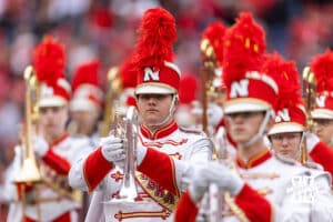 Nebraska Cornhusker Marching Band performs at halftime during a college football game against the Northwestern Wildcats on Saturday, October 25, 2025, in Lincoln, Nebraska. Photo by John S. Peterson.