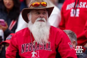Nebraska Cornhusker fan with a great beard watching the action on the field during a college football game against the Northwestern Wildcats on Saturday, October 25, 2025, in Lincoln, Nebraska. Photo by John S. Peterson.