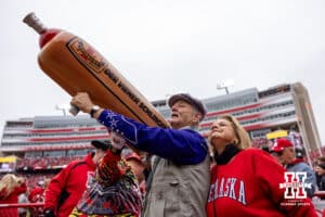 Actor Bill Murray firing the Der Viener Schlinger into the crowd during a college football game between Nebraska and Northwestern on Saturday, October 25, 2025, in Lincoln, Nebraska. Photo by John S. Peterson.