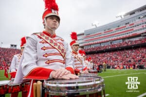 Nebraska Cornhuskers Marching Band lined up for the Tunnel Walk before a college football game against the Northwestern Wildcats on Saturday, October 25, 2025, in Lincoln, Nebraska. Photo by John S. Peterson.
