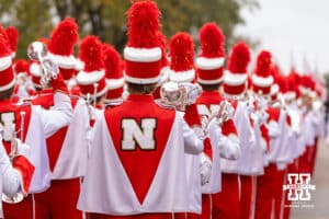 Nebraska Cornhusker Marching Band makes their way to the stadium before a college football game against the Northwestern Wildcats on Saturday, October 25, 2025, in Lincoln, Nebraska. Photo by John S. Peterson.