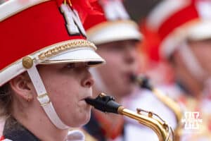 Nebraska Cornhusker marching band warm-up before a college football game against the Northwestern Wildcats on Saturday, October 25, 2025, in Lincoln, Nebraska. Photo by John S. Peterson.