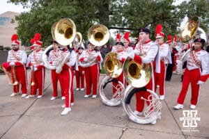 Nebraska Cornhusker marching band ready to warm-up before a college football game against the Northwestern Wildcats on Saturday, October 25, 2025, in Lincoln, Nebraska. Photo by John S. Peterson.