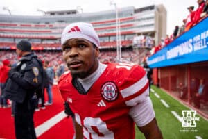 Nebraska Cornhusker defensive back Andrew Marshall (10) heads to the locker room after the win over the Northwestern Wildcats during a college football game on Saturday, October 25, 2025, in Lincoln, Nebraska. Photo by John S. Peterson.