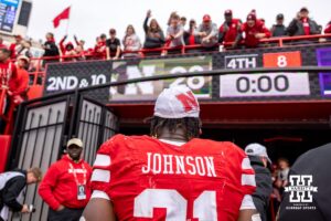 Nebraska Cornhusker running back Emmett Johnson (21) heads to the locker room after the win over the Northwestern Wildcats during a college football game on Saturday, October 25, 2025, in Lincoln, Nebraska. Photo by John S. Peterson.