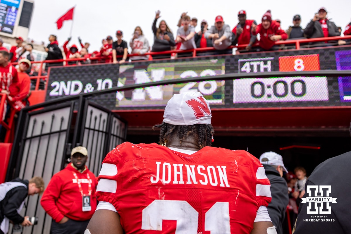 Nebraska Cornhusker running back Emmett Johnson (21) heads to the locker room after the win over the Northwestern Wildcats during a college football game on Saturday, October 25, 2025, in Lincoln, Nebraska. Photo by John S. Peterson.