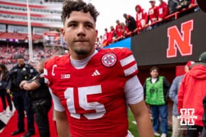 Nebraska Cornhusker quarterback Dylan Raiola (15) heads to the locker room after the win over the Northwestern Wildcats during a college football game on Saturday, October 25, 2025, in Lincoln, Nebraska. Photo by John S. Peterson.